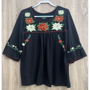 South Main BlackEmbroidered Poinsettia 3/4 Bell Sleeve Shirt Colorful Boho Sz XL